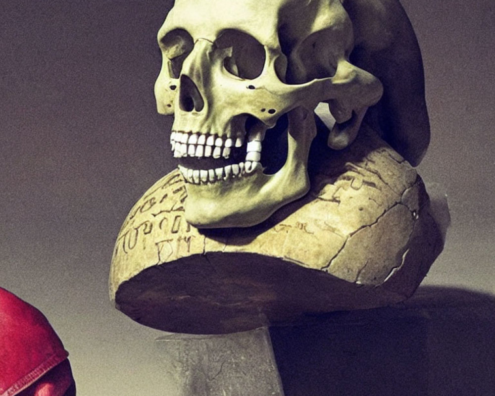 Large humanoid skull with cracked jaw and cryptic markings on chin.