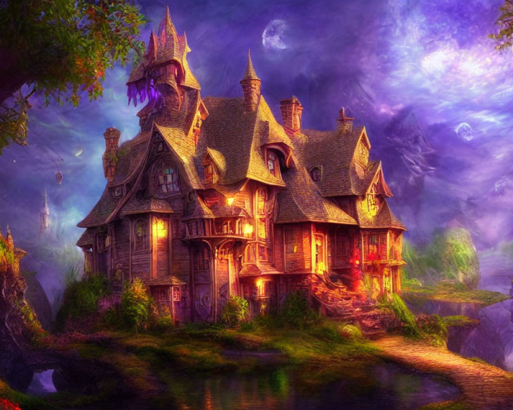 Magical mansion in lush purple landscape with swirling sky and full moon