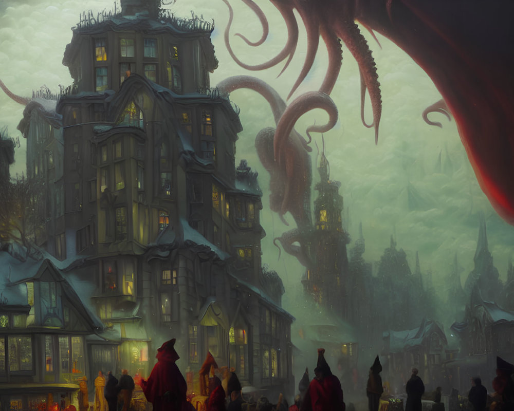 Gloomy cityscape with cloaked figures, eerie building, and massive tentacles