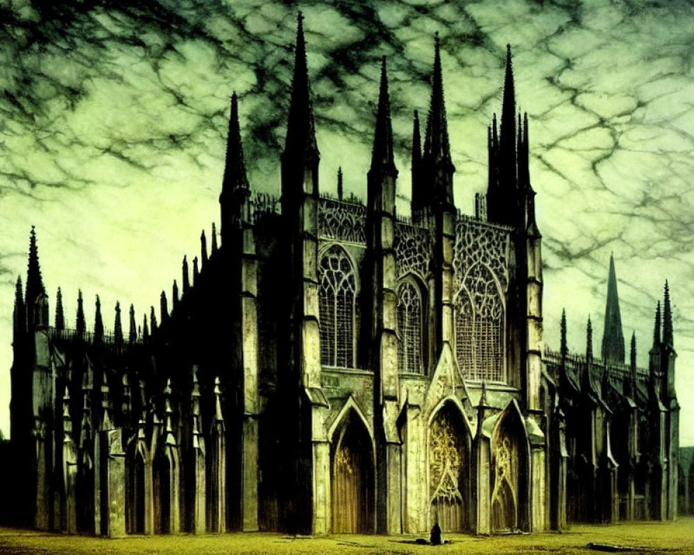 Gothic Cathedral with Intricate Architecture and Dramatic Cloudy Sky