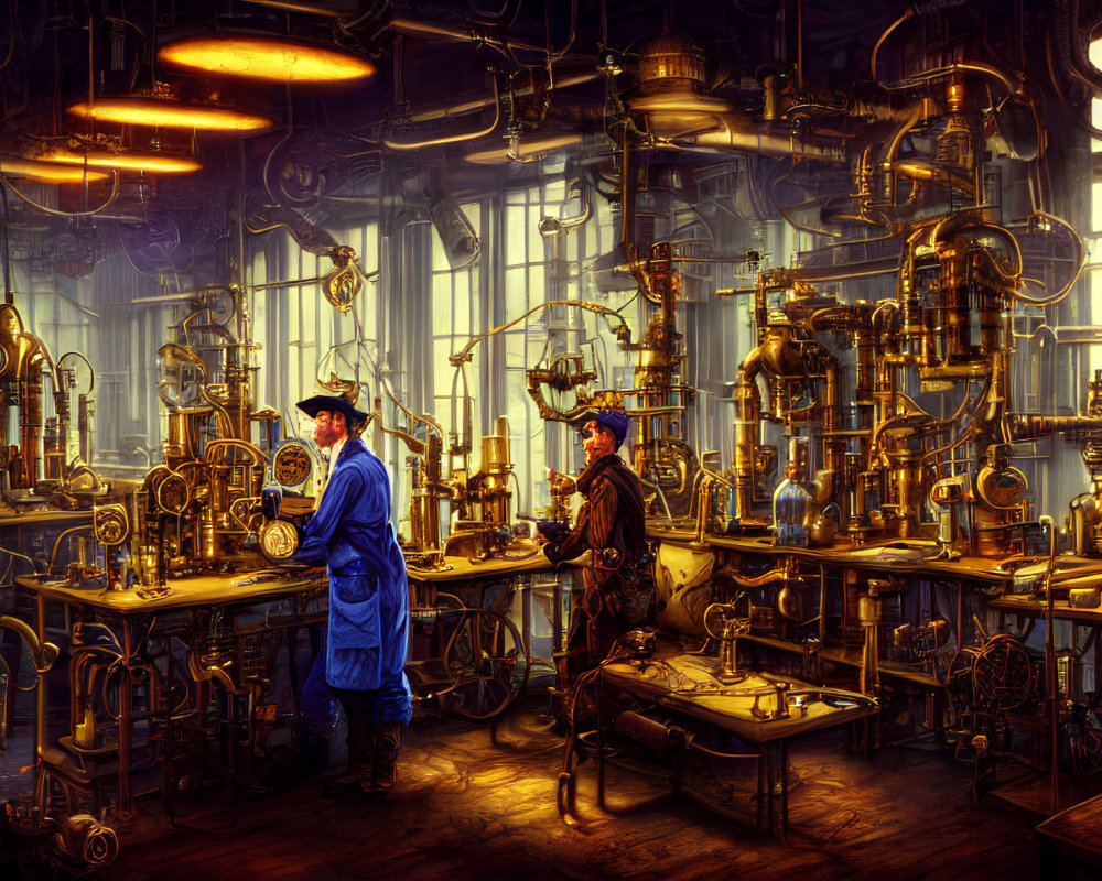 Steampunk-themed room with two individuals in historical clothing