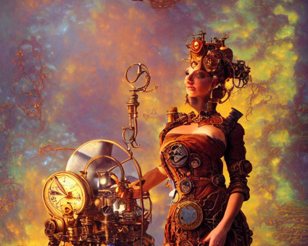 Steampunk woman surrounded by clockwork machinery under golden sky