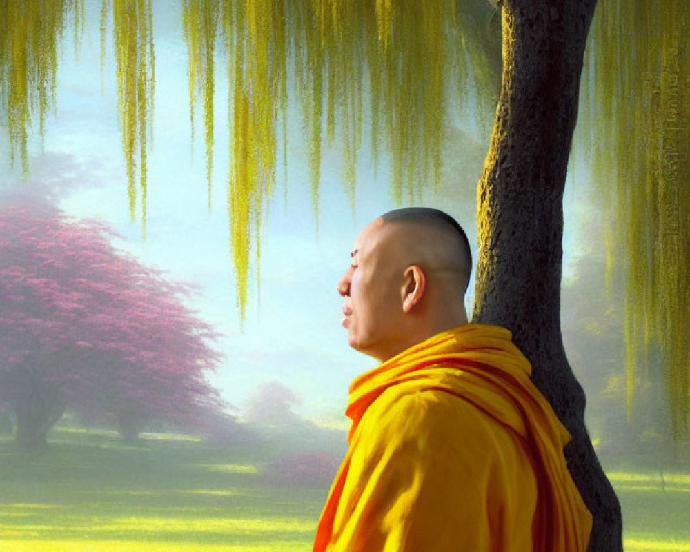 Monk in orange robes meditating under willow tree in serene landscape