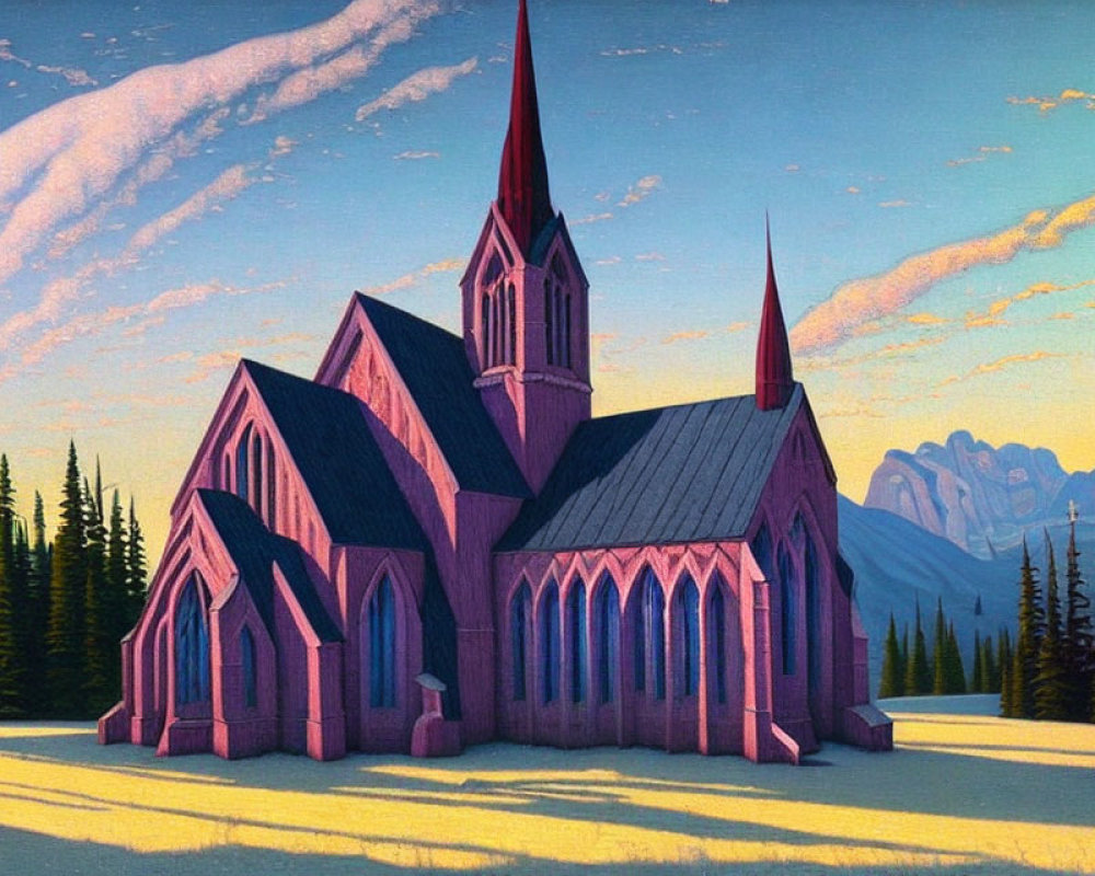 Vibrant gothic-style church illustration at sunset with purple hues, pine trees, mountains, and