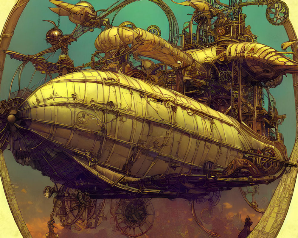 Intricate steampunk airship with gears and propeller