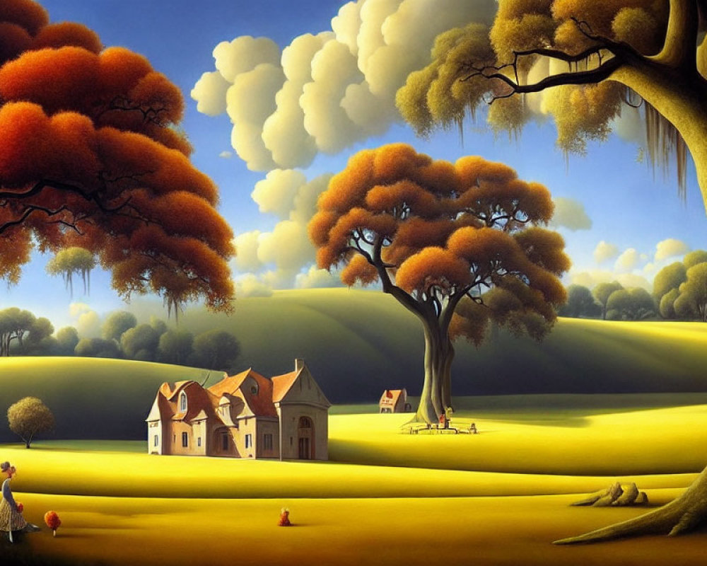 Vibrant autumn landscape with whimsical elements and figures holding a red balloon