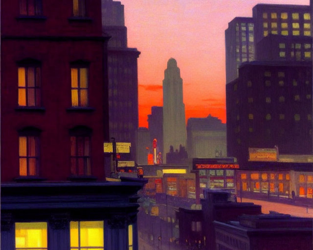 Cityscape with illuminated buildings, silhouetted skyline, and bustling streets at twilight