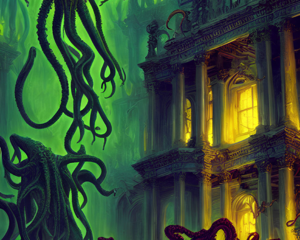 Surreal underwater scene with towering tentacled creatures and ancient ruins in eerie green and yellow light