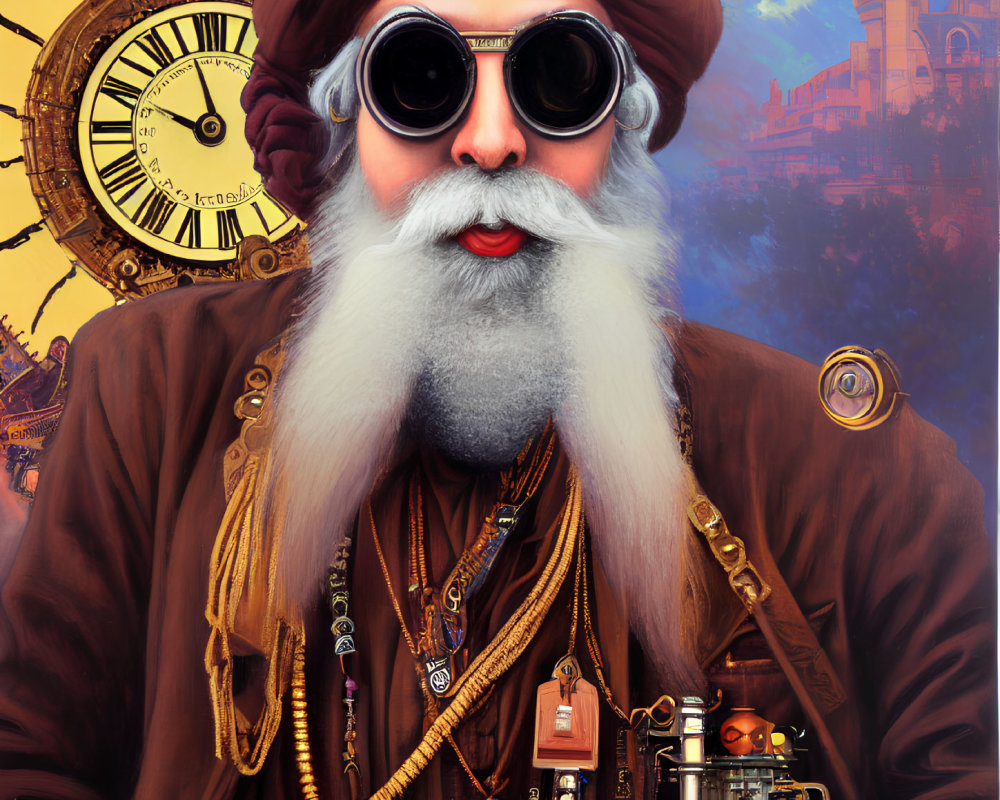 Steampunk elder with goggles, gears, clocks, and pocket watch against vintage backdrop.