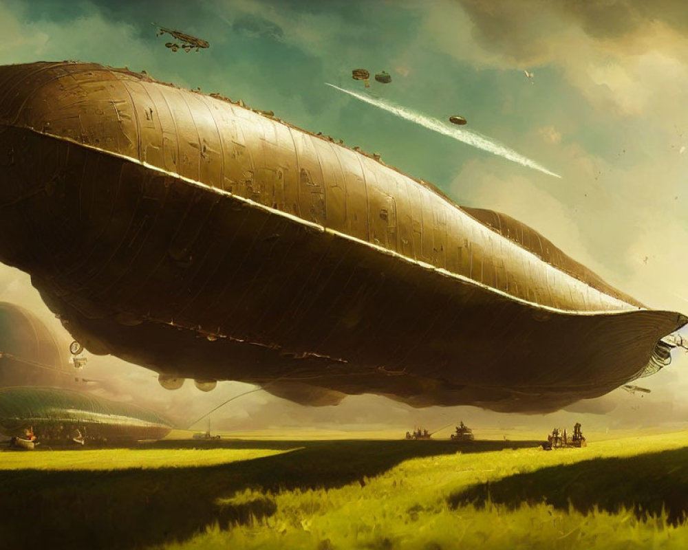 Gigantic airship in lush landscape with dynamic sky