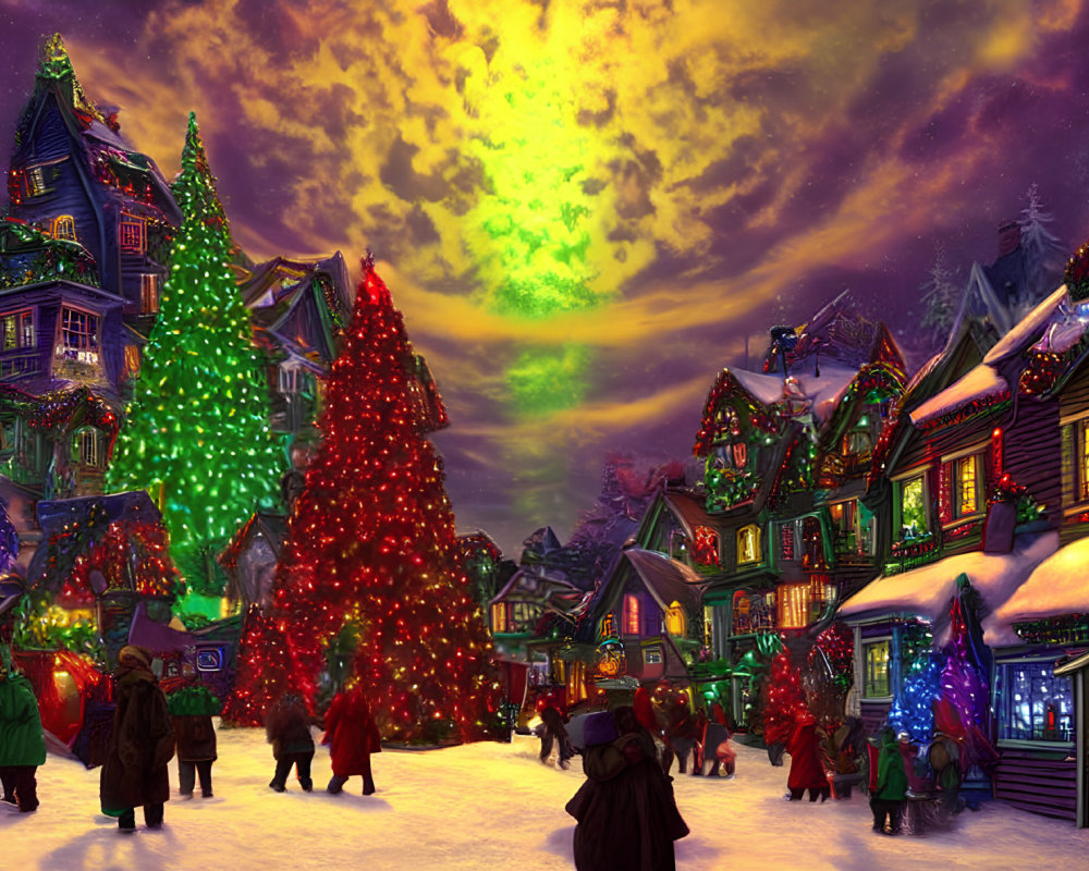 Colorful Christmas Market Scene with Illuminated Houses, Decorated Tree, Shoppers, and Twilight Sky