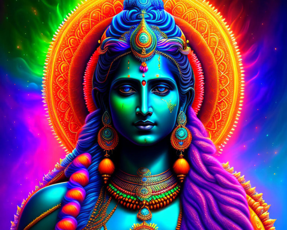 Colorful Digital Art: Blue-Skinned Figure in Indian Jewelry & Mandala Background