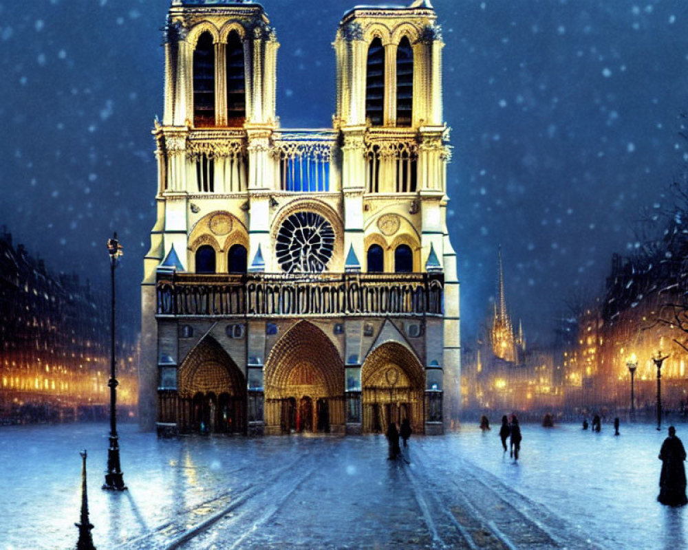 Snowy Evening Scene: People Walking Near Illuminated Notre-Dame Cathedral