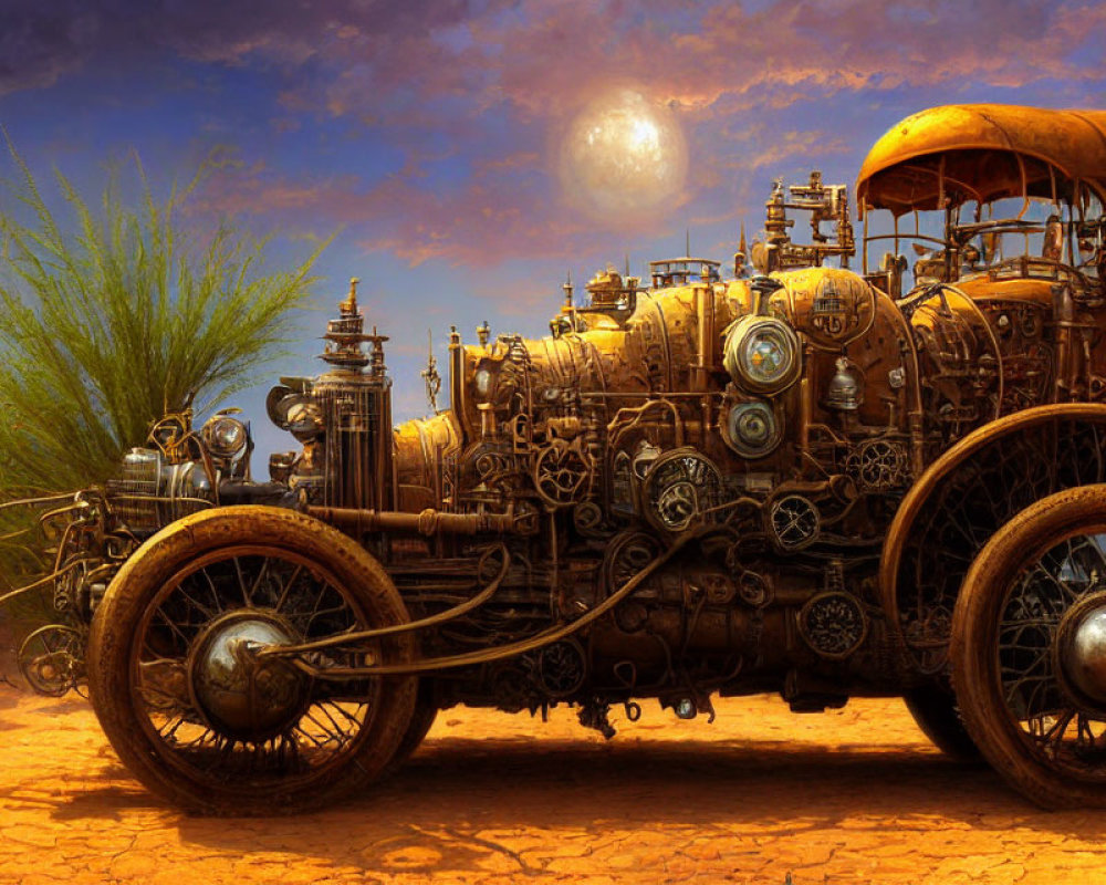 Detailed Steampunk Vehicle in Desert Landscape with Moon