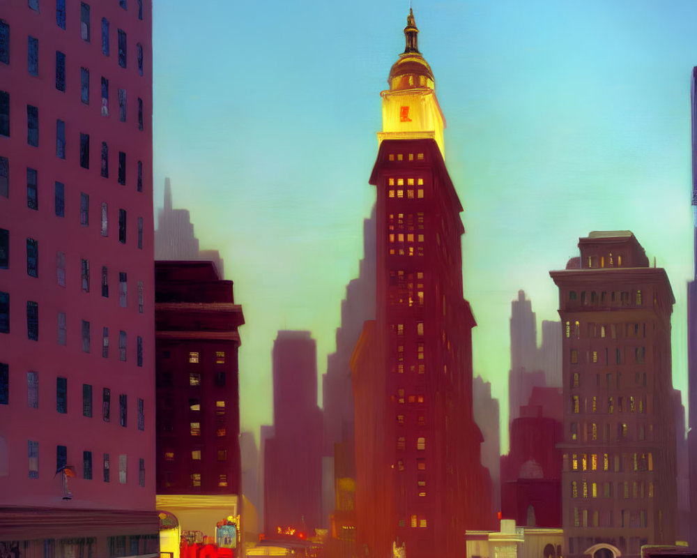 Cityscape at Dusk: Vintage Tower, Tall Buildings, Soft Lighting