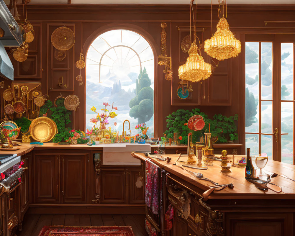 Traditional kitchen with wooden cabinets, rug, garden view, and crystal chandeliers