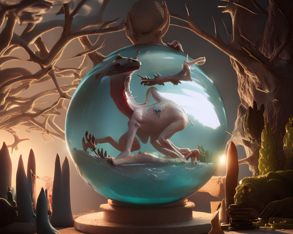 Child observing glass sphere with two-headed dinosaur in mystical scene