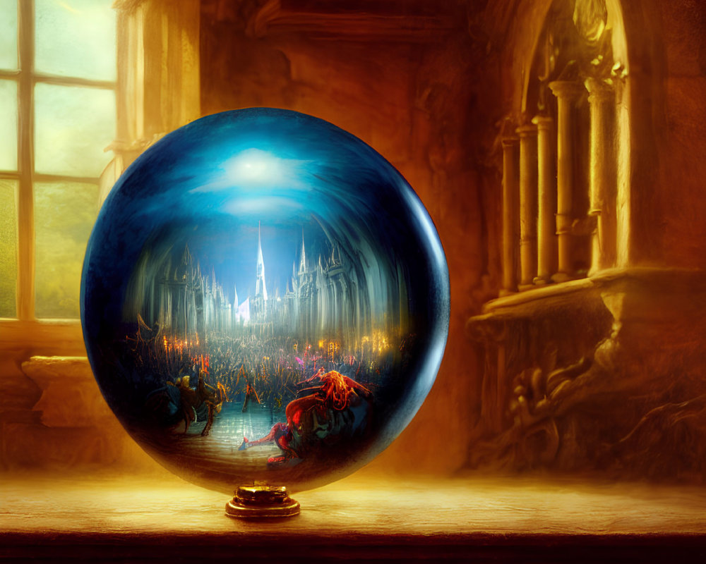 Crystal ball displays vibrant fantasy cityscape in sunlit room