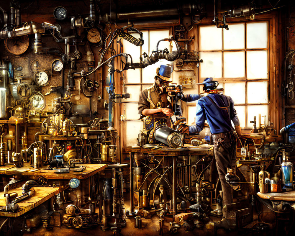 Vintage workshop scene with two people working on machinery