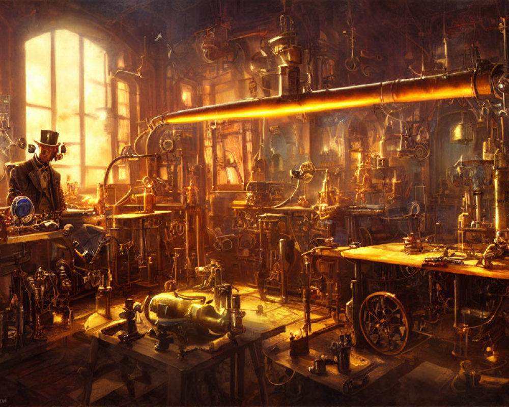 Dimly-lit steampunk workshop with individual in top hat examining device