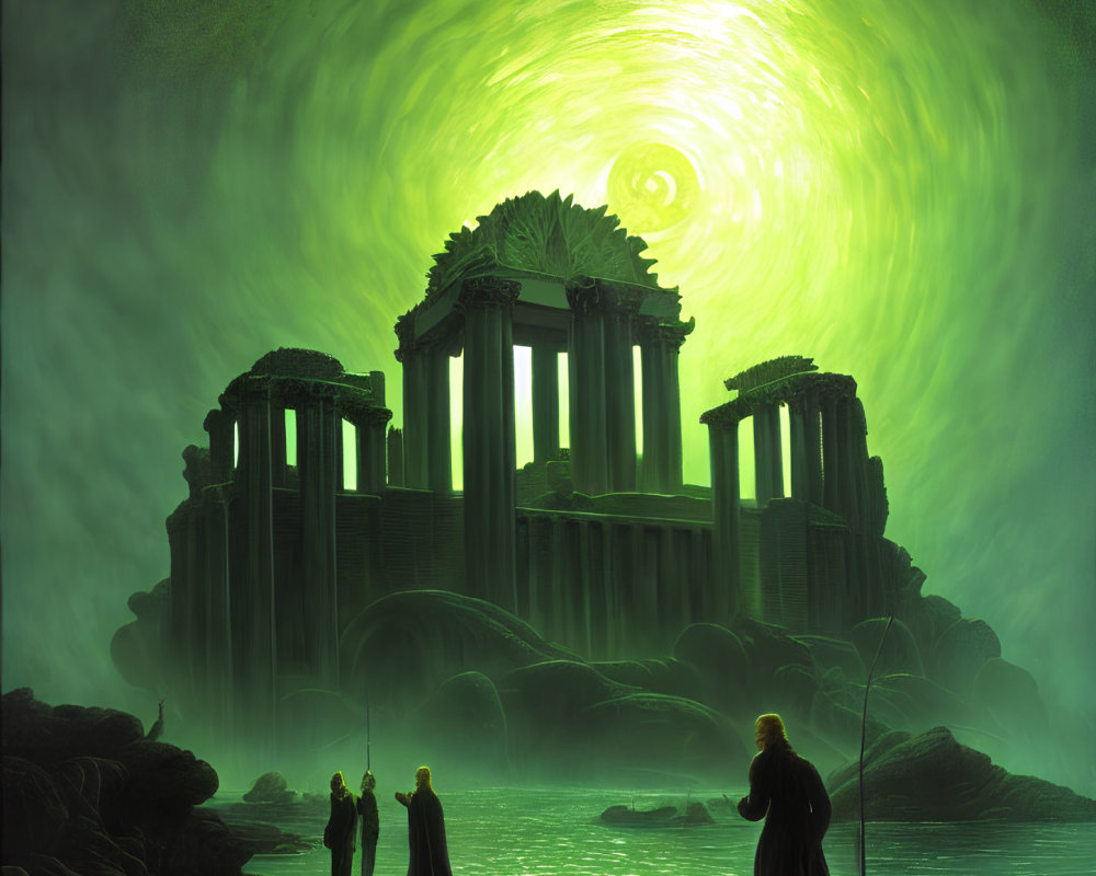 Three figures in front of ancient ruins under a swirling green sky