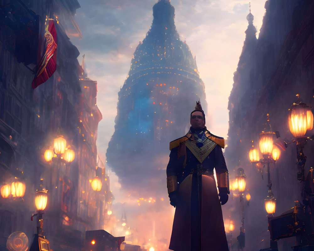 Regal figure in illuminated city street at dusk