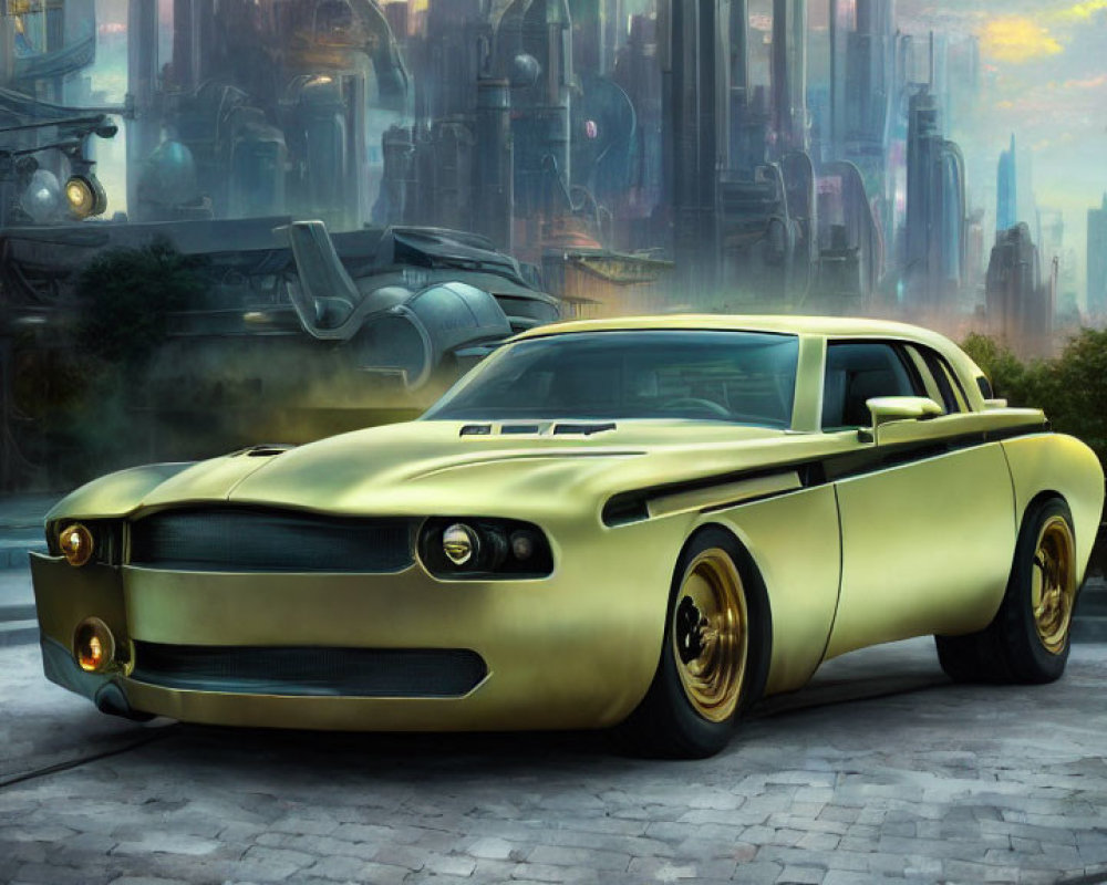 Futuristic matte gold car in cyberpunk cityscape