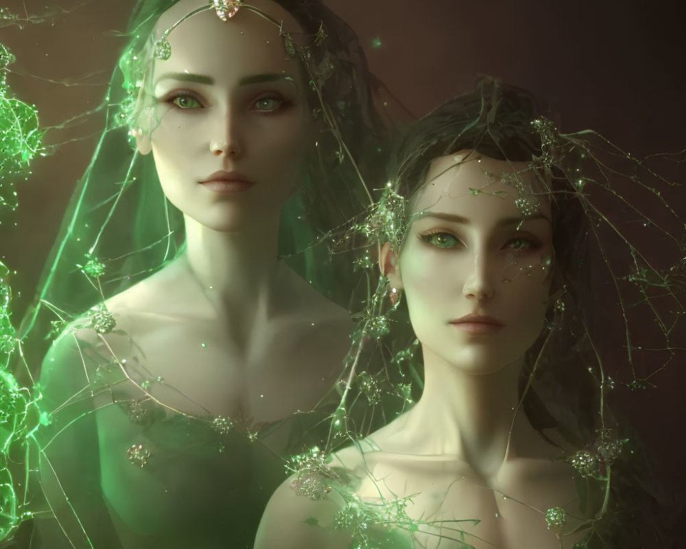 Ethereal women with green accents and vine-like crowns in ambient light