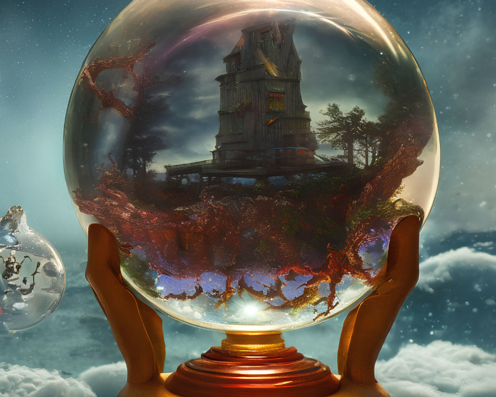 Vivid scene of mystical crystal ball with whimsical house and lush trees