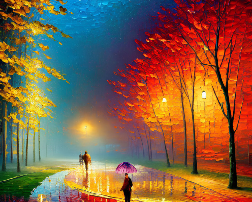 Colorful painting of person with umbrella on rain-soaked autumn path.