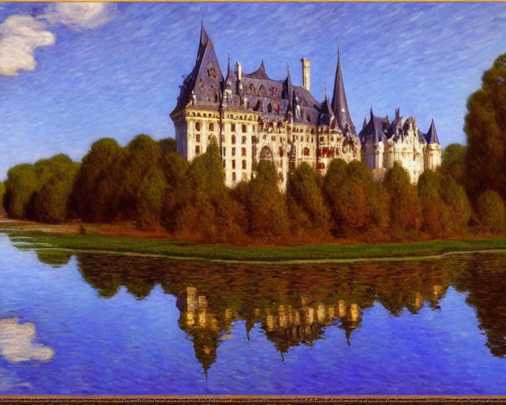 Majestic castle with spires mirrored in serene river amid lush greenery