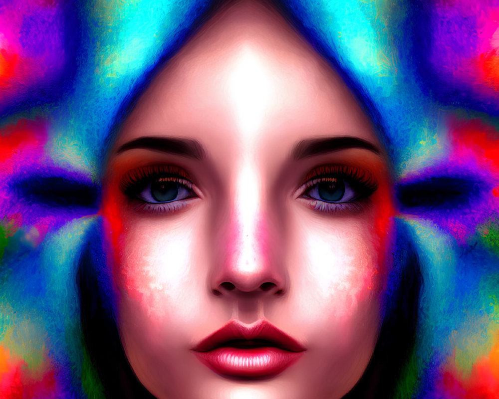 Symmetrical vibrant multicolor face paint portrait with mirror image effect