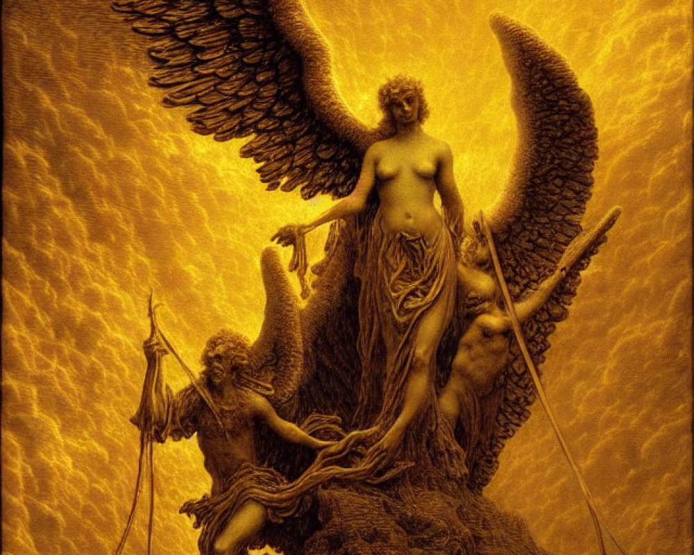 Angelic figure with large wings on rocky terrain under dramatic golden sky