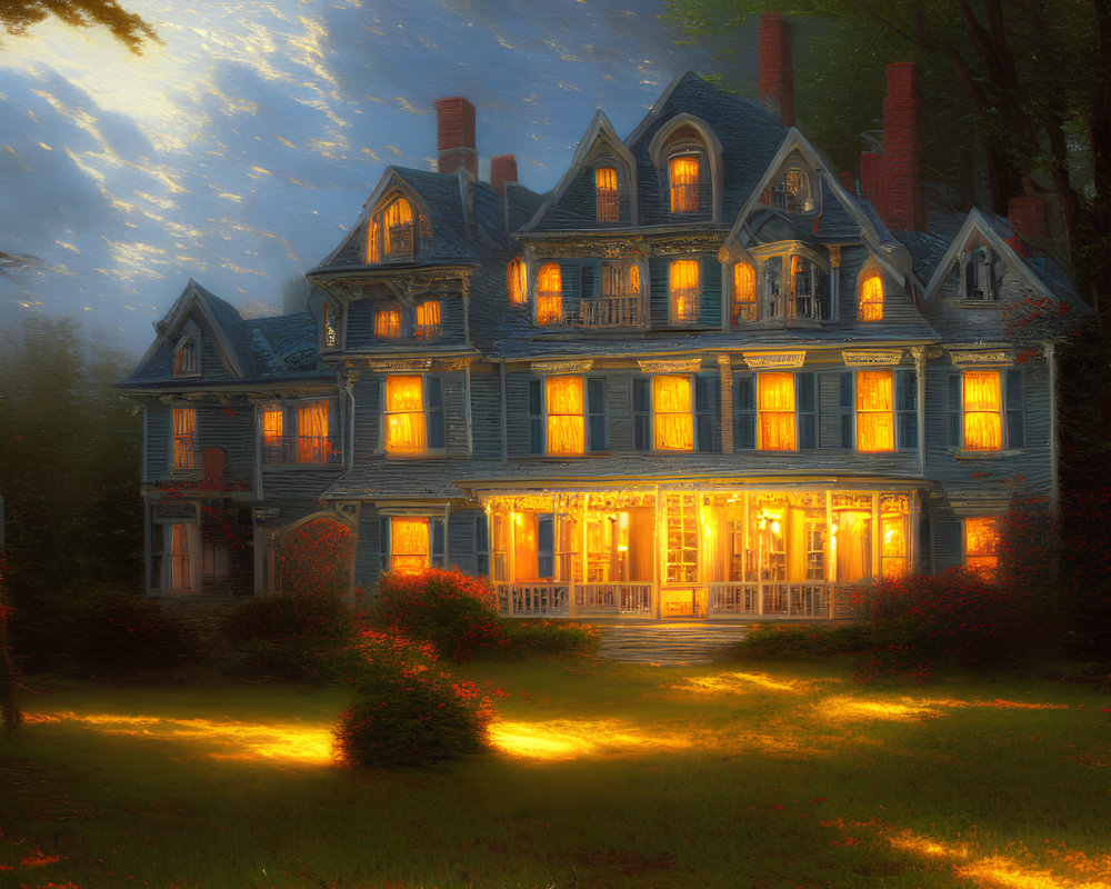 Victorian house with warm lights at twilight among starry trees