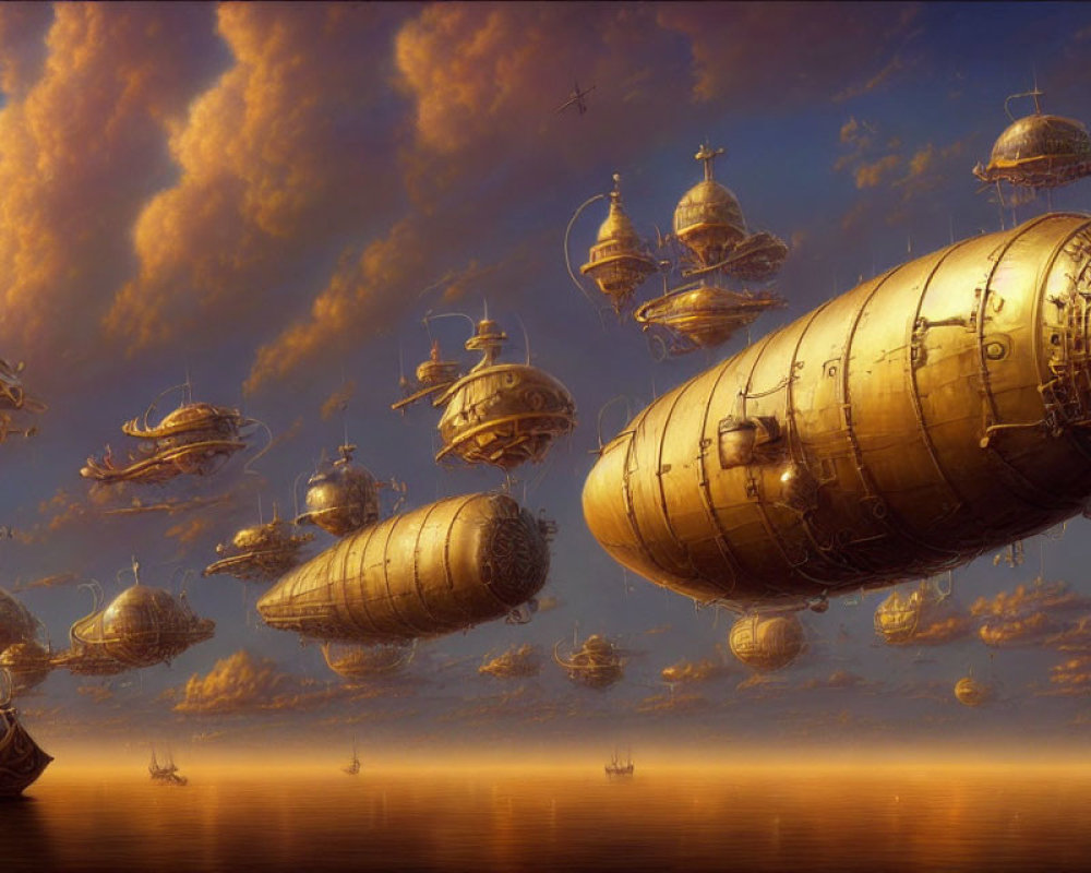 Steampunk-style airships in golden sky over calm seas