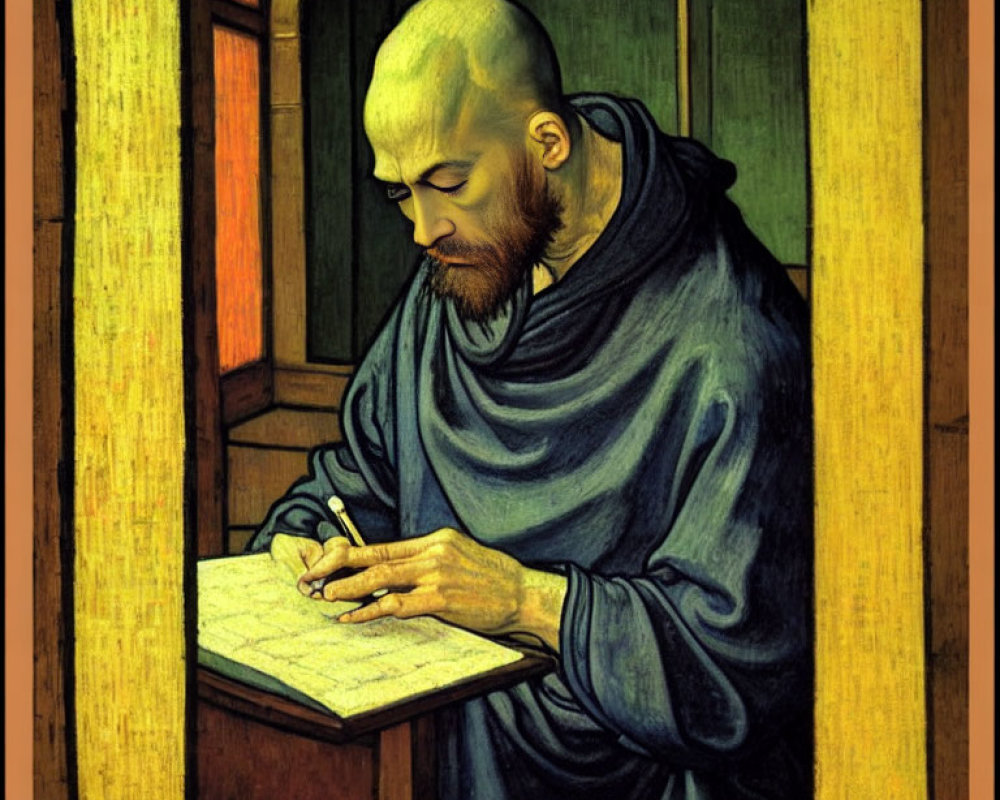 Bald, Bearded Monk in Blue Robe Writing at Desk by Green Window