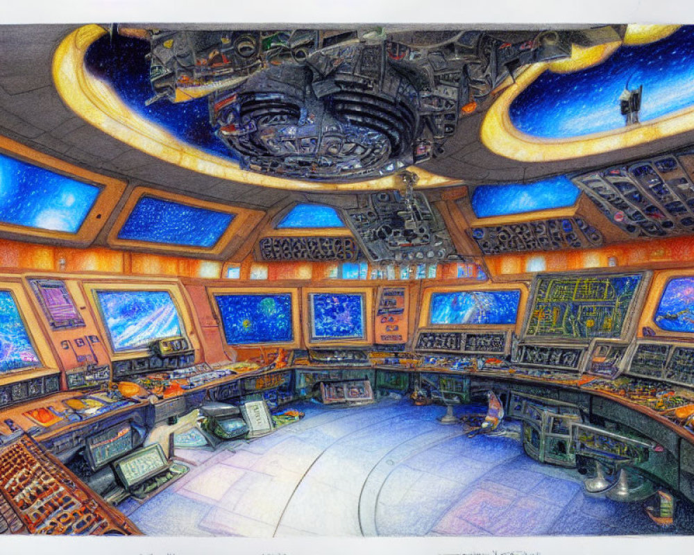 Detailed Drawing of Futuristic Spacecraft Control Room