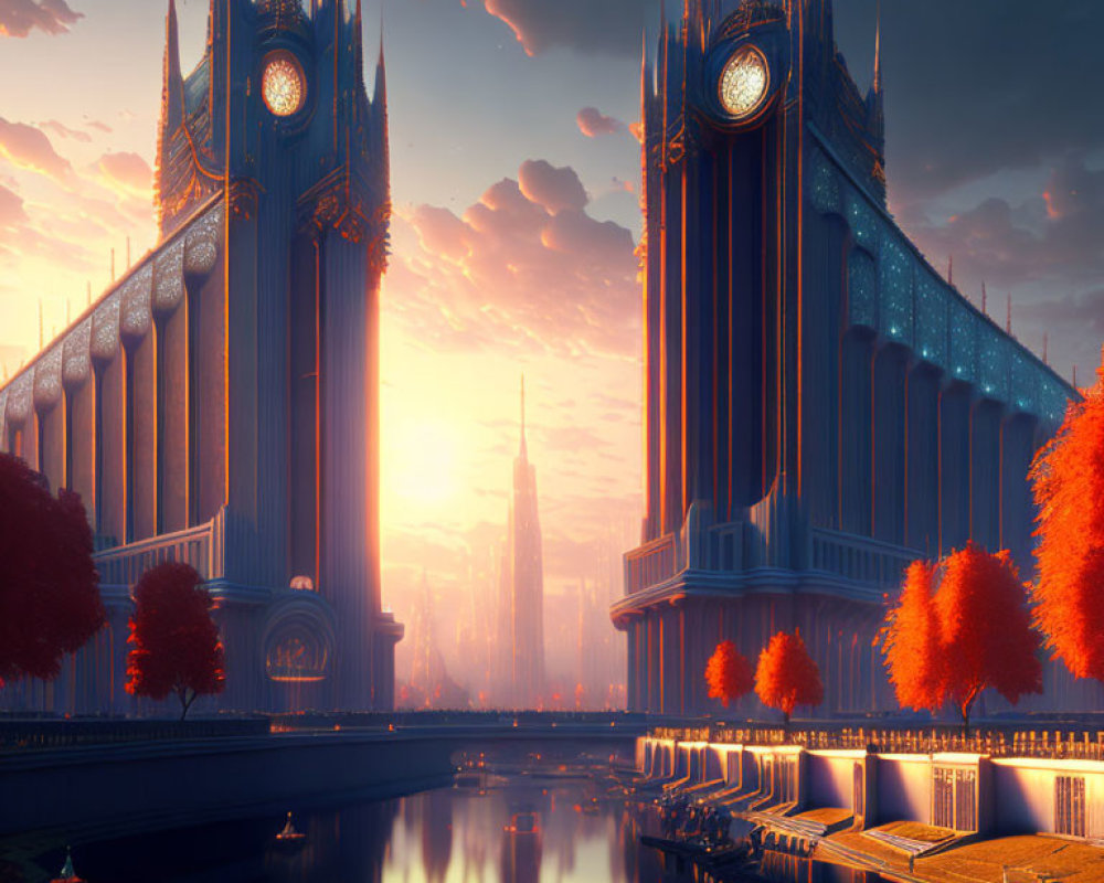 Futuristic gothic cityscape with large clocks and autumn trees by river