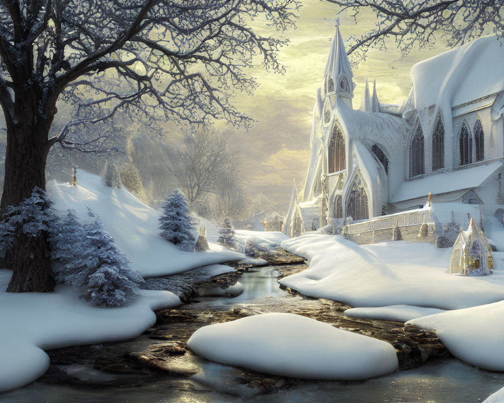 Snow-covered Gothic church by meandering stream in serene winter scene