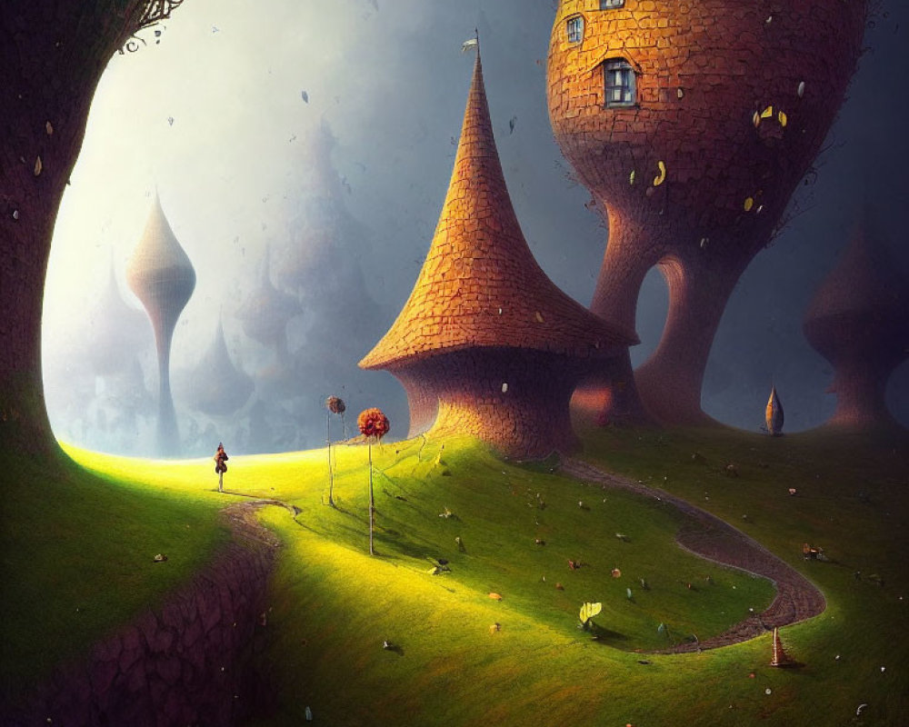 Whimsical landscape with mushroom-like towers, curving path, figure, and blowing leaves