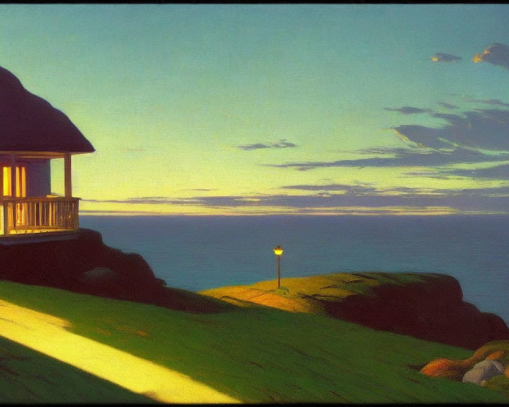 Seaside cliff house at sunset with glowing streetlamp