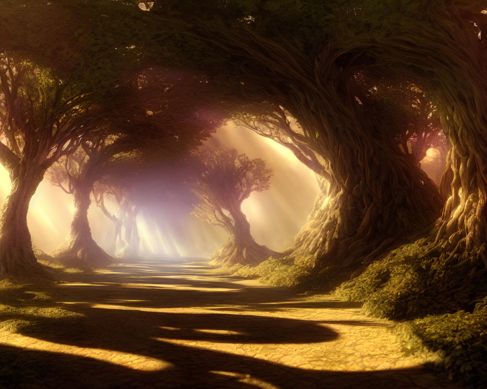 Ethereal forest with golden sunlight and twisted trees