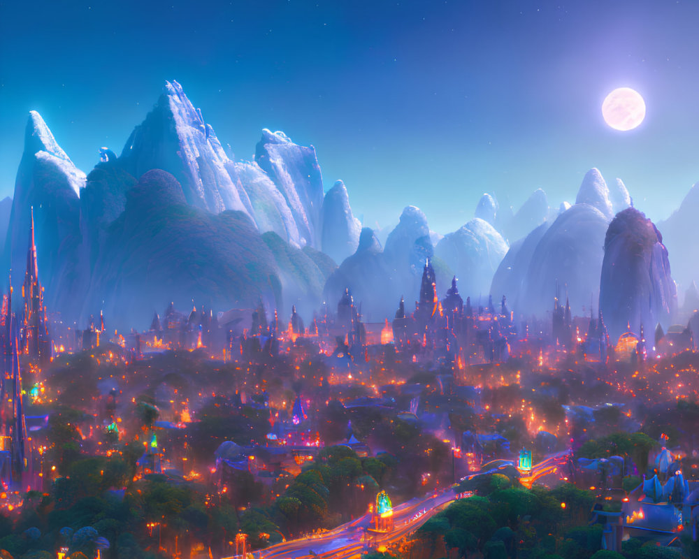 Futuristic cityscape nestled in misty mountains at night