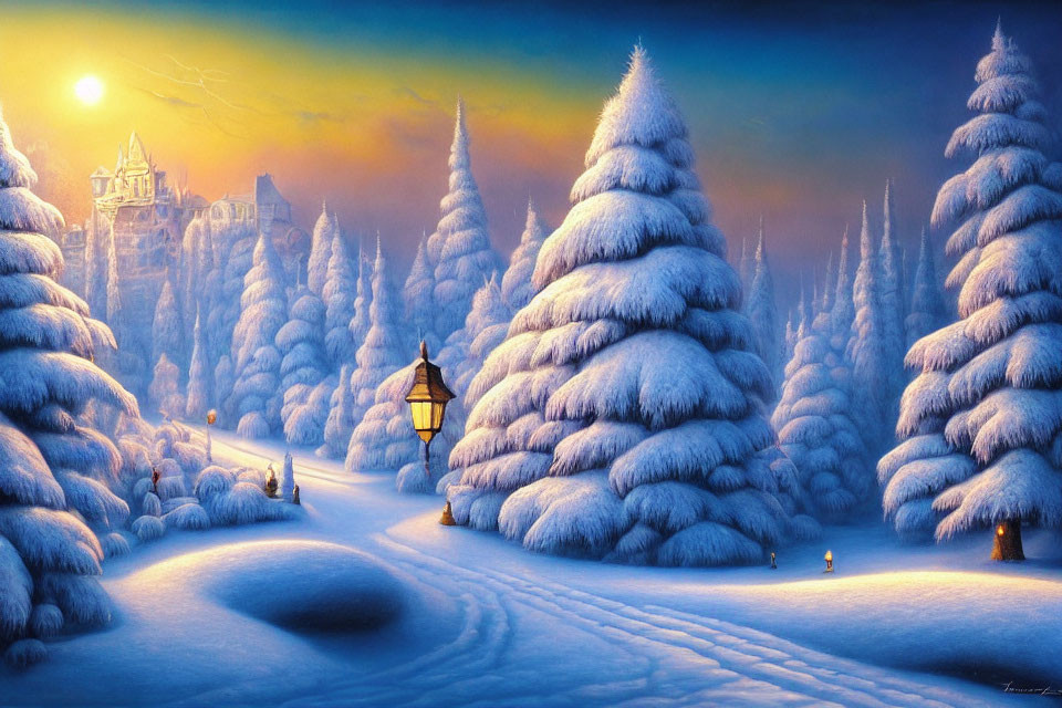 Snow-covered trees, lantern, castle, and colorful sky in serene winter landscape