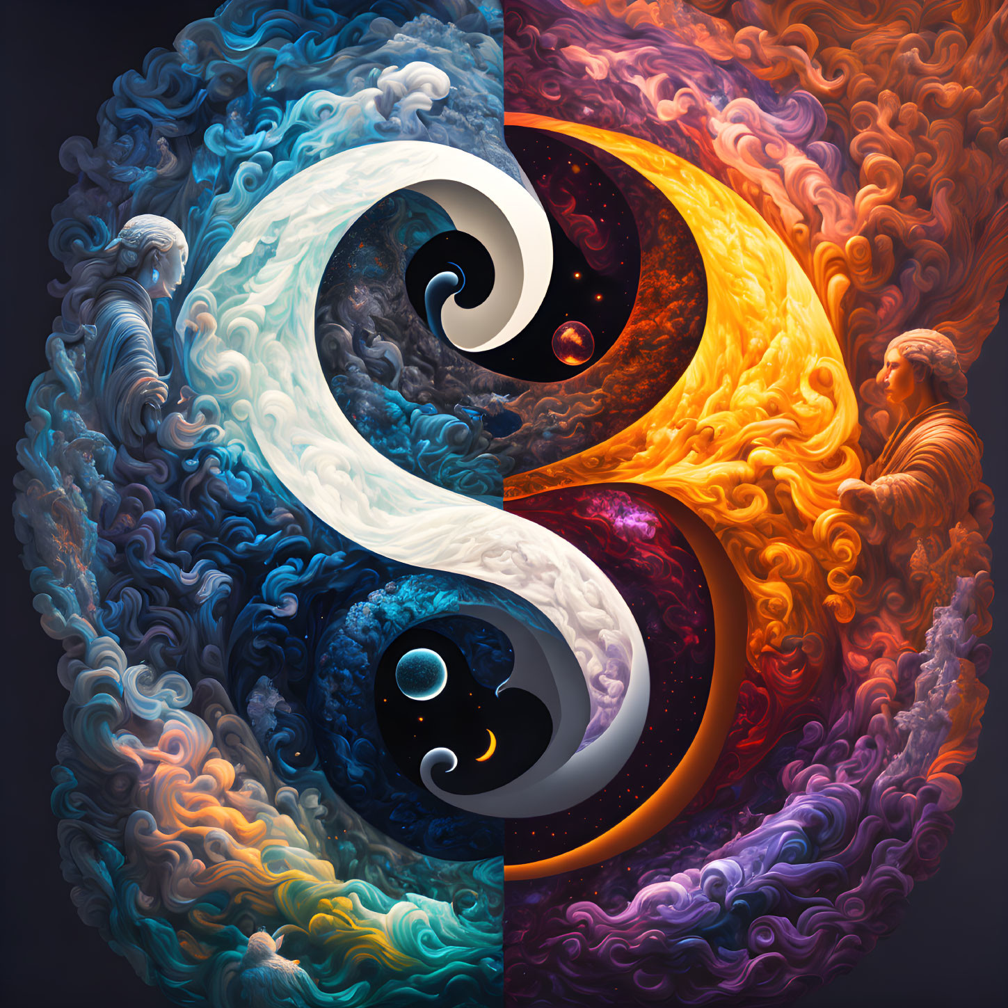 Colorful Yin-Yang Symbol with Cosmic and Fiery Elements