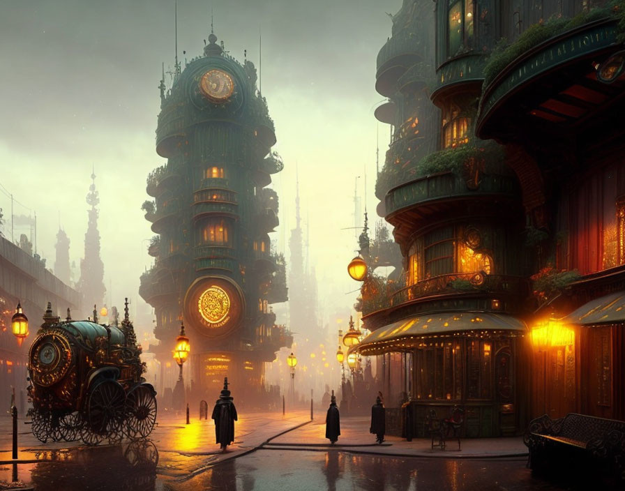 Ornate futuristic cityscape at dusk with towering buildings and horse-drawn carriage