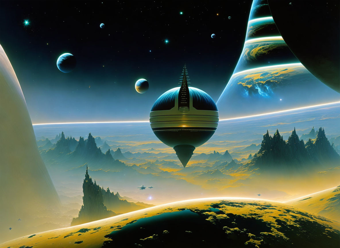 Sci-fi landscape featuring spaceship, rocky terrain, and planets with rings.