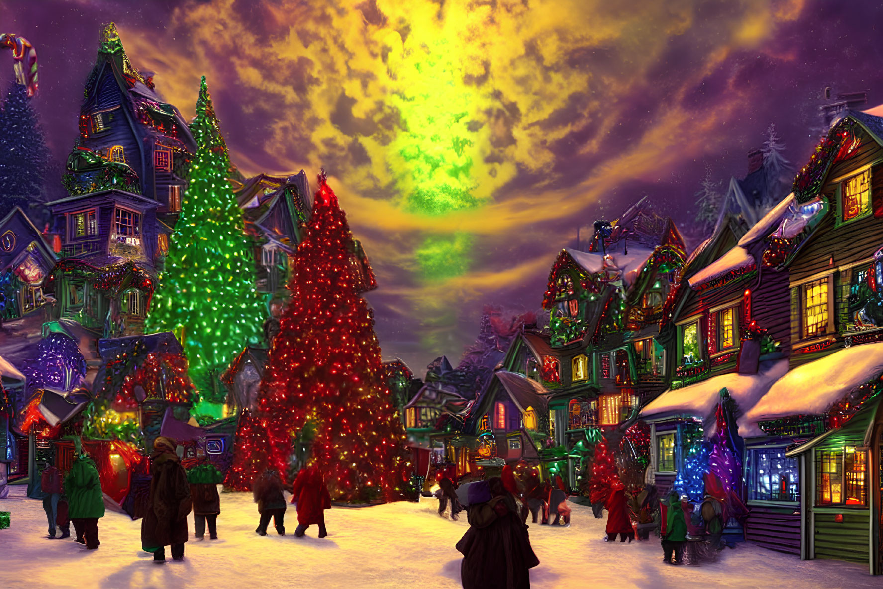 Colorful Christmas Market Scene with Illuminated Houses, Decorated Tree, Shoppers, and Twilight Sky