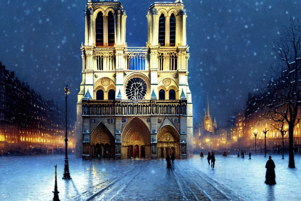 Snowy Evening Scene: People Walking Near Illuminated Notre-Dame Cathedral