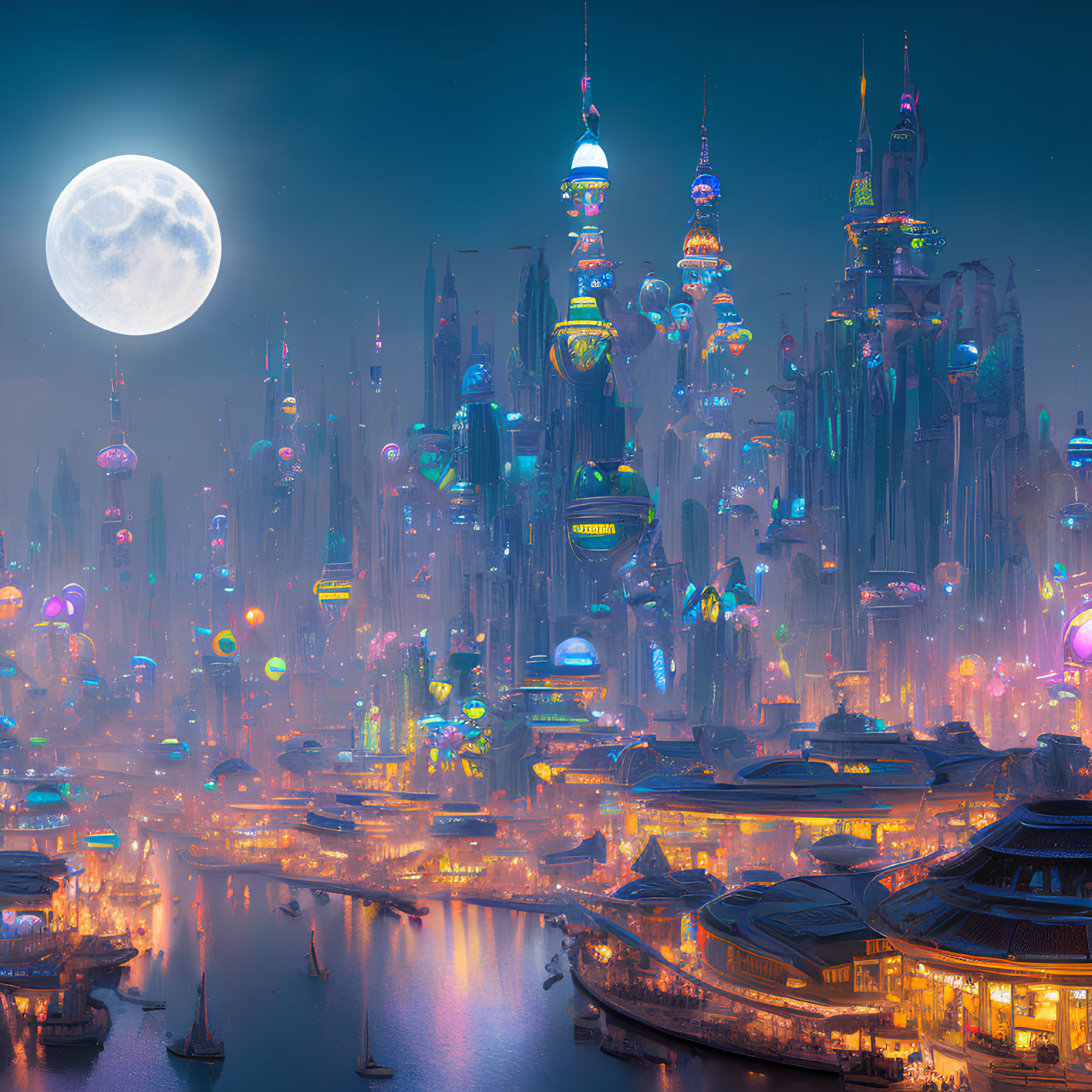 Futuristic cityscape at night with full moon, neon lights, skyscrapers, flying vehicles